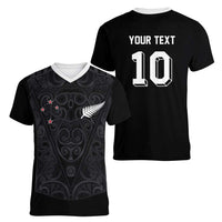 Custom Aotearoa Rugby Women V-Neck T-Shirt Fern Blacks-Traditional Maori Motifs Design