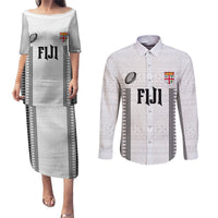 Fiji Rugby Warriors Couples Matching Puletasi and Long Sleeve Button Shirt Masi Tribal Pattern Go Champion 2024 LT03 White - Polynesian Pride