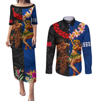 Hawaii and Samoa Together Couples Matching Puletasi and Long Sleeve Button Shirt Samoan Warrior and Beauty Hula Girl LT03 Black - Polynesian Pride