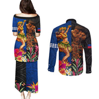 Hawaii and Samoa Together Couples Matching Puletasi and Long Sleeve Button Shirt Samoan Warrior and Beauty Hula Girl LT03 - Polynesian Pride