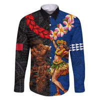 Hawaii and Samoa Together Family Matching Long Sleeve Bodycon Dress and Hawaiian Shirt Samoan Warrior and Beauty Hula Girl