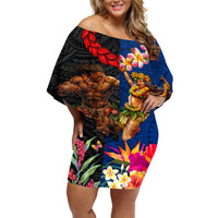 Hawaii and Samoa Together Off Shoulder Short Dress Samoan Warrior and Beauty Hula Girl LT03 Women Black - Polynesian Pride