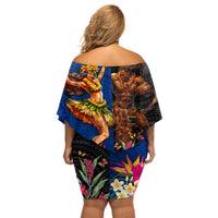 Hawaii and Samoa Together Off Shoulder Short Dress Samoan Warrior and Beauty Hula Girl LT03 - Polynesian Pride