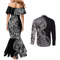 Samoan DNA Art Tattoo Couples Matching Mermaid Dress and Long Sleeve Button Shirt Polynesian Pattern Black Color LT03 - Polynesian Pride