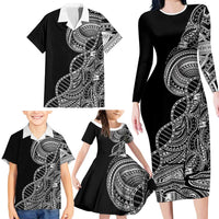 Samoan DNA Art Tattoo Family Matching Long Sleeve Bodycon Dress and Hawaiian Shirt Polynesian Pattern Black Color