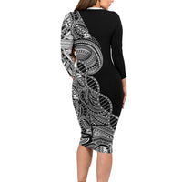 Samoan DNA Art Tattoo Family Matching Long Sleeve Bodycon Dress and Hawaiian Shirt Polynesian Pattern Black Color
