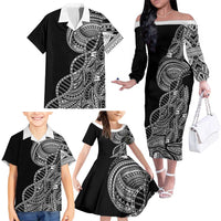 Samoan DNA Art Tattoo Family Matching Off The Shoulder Long Sleeve Dress and Hawaiian Shirt Polynesian Pattern Black Color