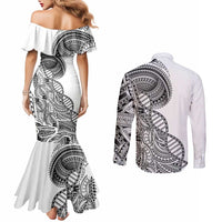 Samoan DNA Art Tattoo Couples Matching Mermaid Dress and Long Sleeve Button Shirt Polynesian Pattern White Color LT03 - Polynesian Pride