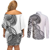 Samoan DNA Art Tattoo Couples Matching Off Shoulder Short Dress and Long Sleeve Button Shirt Polynesian Pattern White Color LT03 - Polynesian Pride