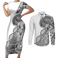 Samoan DNA Art Tattoo Couples Matching Short Sleeve Bodycon Dress and Long Sleeve Button Shirt Polynesian Pattern White Color LT03 White - Polynesian Pride
