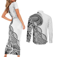 Samoan DNA Art Tattoo Couples Matching Short Sleeve Bodycon Dress and Long Sleeve Button Shirt Polynesian Pattern White Color LT03 - Polynesian Pride
