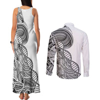 Samoan DNA Art Tattoo Couples Matching Tank Maxi Dress and Long Sleeve Button Shirt Polynesian Pattern White Color LT03 - Polynesian Pride