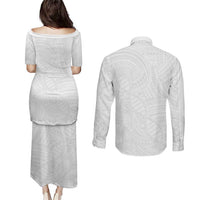 Samoan DNA Art Tattoo Couples Matching Puletasi and Long Sleeve Button Shirt Polynesian Pattern All White LT03 - Polynesian Pride