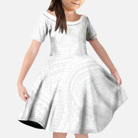 Samoan DNA Art Tattoo Family Matching Off The Shoulder Long Sleeve Dress and Hawaiian Shirt Polynesian Pattern All White