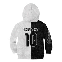 Custom New Zealand Football Kid Hoodie Silver Fern and Maori Tribal Black White Half Sporty Style