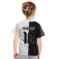 Custom New Zealand Football Kid T Shirt Silver Fern and Maori Tribal Black White Half Sporty Style