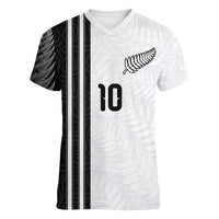 Custom New Zealand Football Women V-Neck T-Shirt Silver Fern and Maori Tribal Black White Half Sporty Style