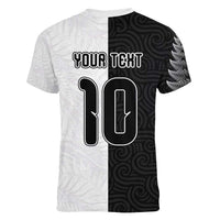 Custom New Zealand Football Women V-Neck T-Shirt Silver Fern and Maori Tribal Black White Half Sporty Style