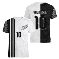 Custom New Zealand Football Women V-Neck T-Shirt Silver Fern and Maori Tribal Black White Half Sporty Style