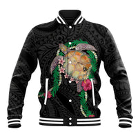 Hawaii Pikake and Maile Lei Baseball Jacket Honu Polynesian Pattern Black Color LT03 Unisex Black - Polynesian Pride