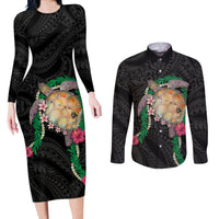 Hawaii Pikake and Maile Lei Couples Matching Long Sleeve Bodycon Dress and Long Sleeve Button Shirt Honu Polynesian Pattern Black Color LT03 Black - Polynesian Pride