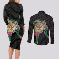 Hawaii Pikake and Maile Lei Couples Matching Long Sleeve Bodycon Dress and Long Sleeve Button Shirt Honu Polynesian Pattern Black Color LT03 - Polynesian Pride