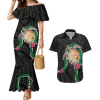 Hawaii Pikake and Maile Lei Couples Matching Mermaid Dress and Hawaiian Shirt Honu Polynesian Pattern Black Color LT03 Black - Polynesian Pride