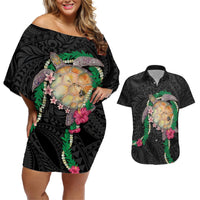 Hawaii Pikake and Maile Lei Couples Matching Off Shoulder Short Dress and Hawaiian Shirt Honu Polynesian Pattern Black Color LT03 Black - Polynesian Pride