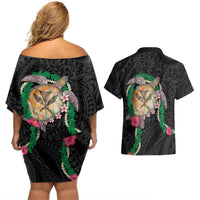Hawaii Pikake and Maile Lei Couples Matching Off Shoulder Short Dress and Hawaiian Shirt Honu Polynesian Pattern Black Color LT03 - Polynesian Pride