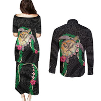 Hawaii Pikake and Maile Lei Couples Matching Puletasi and Long Sleeve Button Shirt Honu Polynesian Pattern Black Color LT03 - Polynesian Pride