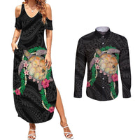 Hawaii Pikake and Maile Lei Couples Matching Summer Maxi Dress and Long Sleeve Button Shirt Honu Polynesian Pattern Black Color LT03 Black - Polynesian Pride