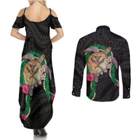 Hawaii Pikake and Maile Lei Couples Matching Summer Maxi Dress and Long Sleeve Button Shirt Honu Polynesian Pattern Black Color LT03 - Polynesian Pride