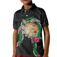Hawaii Pikake and Maile Lei Kid Polo Shirt Honu Polynesian Pattern Black Color