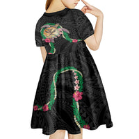Hawaii Pikake and Maile Lei Kid Short Sleeve Dress Honu Polynesian Pattern Black Color LT03 - Polynesian Pride