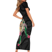 Hawaii Pikake and Maile Lei Short Sleeve Bodycon Dress Honu Polynesian Pattern Black Color