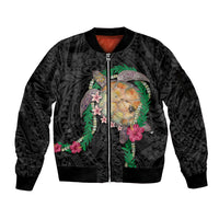 Hawaii Pikake and Maile Lei Sleeve Zip Bomber Jacket Honu Polynesian Pattern Black Color LT03 Unisex Black - Polynesian Pride