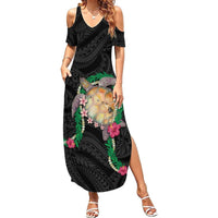 Hawaii Pikake and Maile Lei Summer Maxi Dress Honu Polynesian Pattern Black Color LT03 Women Black - Polynesian Pride