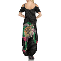 Hawaii Pikake and Maile Lei Summer Maxi Dress Honu Polynesian Pattern Black Color LT03 - Polynesian Pride