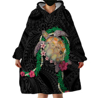 Hawaii Pikake and Maile Lei Wearable Blanket Hoodie Honu Polynesian Pattern Black Color LT03 - Polynesian Pride
