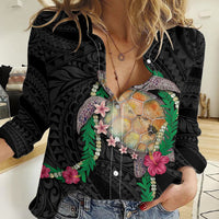 Hawaii Pikake and Maile Lei Women Casual Shirt Honu Polynesian Pattern Black Color
