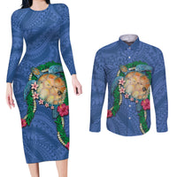 Hawaii Pikake and Maile Lei Couples Matching Long Sleeve Bodycon Dress and Long Sleeve Button Shirt Honu Polynesian Pattern Blue Color LT03 Blue - Polynesian Pride