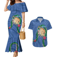 Hawaii Pikake and Maile Lei Couples Matching Mermaid Dress and Hawaiian Shirt Honu Polynesian Pattern Blue Color LT03 Blue - Polynesian Pride