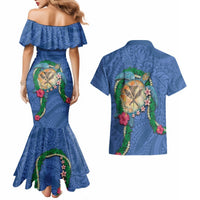 Hawaii Pikake and Maile Lei Couples Matching Mermaid Dress and Hawaiian Shirt Honu Polynesian Pattern Blue Color LT03 - Polynesian Pride