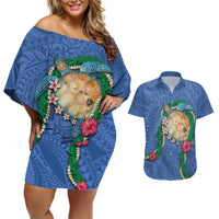 Hawaii Pikake and Maile Lei Couples Matching Off Shoulder Short Dress and Hawaiian Shirt Honu Polynesian Pattern Blue Color LT03 Blue - Polynesian Pride