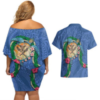 Hawaii Pikake and Maile Lei Couples Matching Off Shoulder Short Dress and Hawaiian Shirt Honu Polynesian Pattern Blue Color LT03 - Polynesian Pride