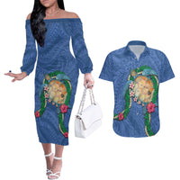 Hawaii Pikake and Maile Lei Couples Matching Off The Shoulder Long Sleeve Dress and Hawaiian Shirt Honu Polynesian Pattern Blue Color LT03 Blue - Polynesian Pride