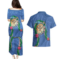 Hawaii Pikake and Maile Lei Couples Matching Puletasi and Hawaiian Shirt Honu Polynesian Pattern Blue Color LT03 - Polynesian Pride