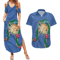 Hawaii Pikake and Maile Lei Couples Matching Summer Maxi Dress and Hawaiian Shirt Honu Polynesian Pattern Blue Color LT03 Blue - Polynesian Pride