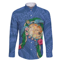 Hawaii Pikake and Maile Lei Family Matching Off The Shoulder Long Sleeve Dress and Hawaiian Shirt Honu Polynesian Pattern Blue Color LT03 Dad's Shirt - Long Sleeve Blue - Polynesian Pride