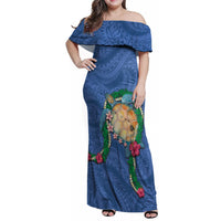 Hawaii Pikake and Maile Lei Family Matching Off Shoulder Maxi Dress and Hawaiian Shirt Honu Polynesian Pattern Blue Color LT03 Mom's Dress Blue - Polynesian Pride